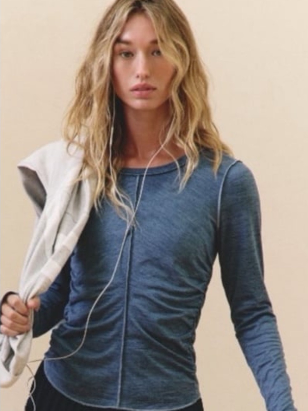 Free People Ruched Long-Sleeve Crewneck Top in Denim Blue NWOT